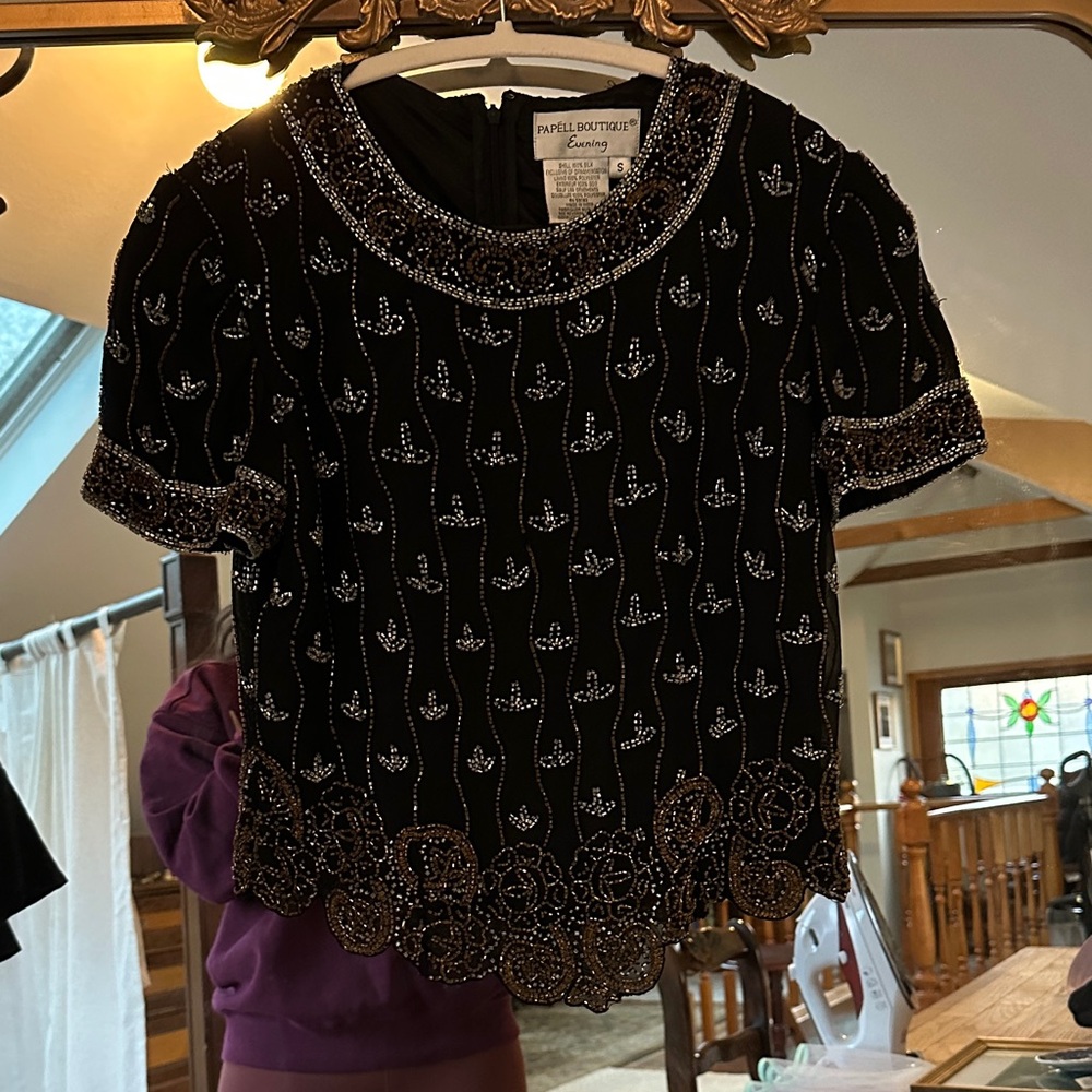 Vintage Silk Black Beaded Blouse